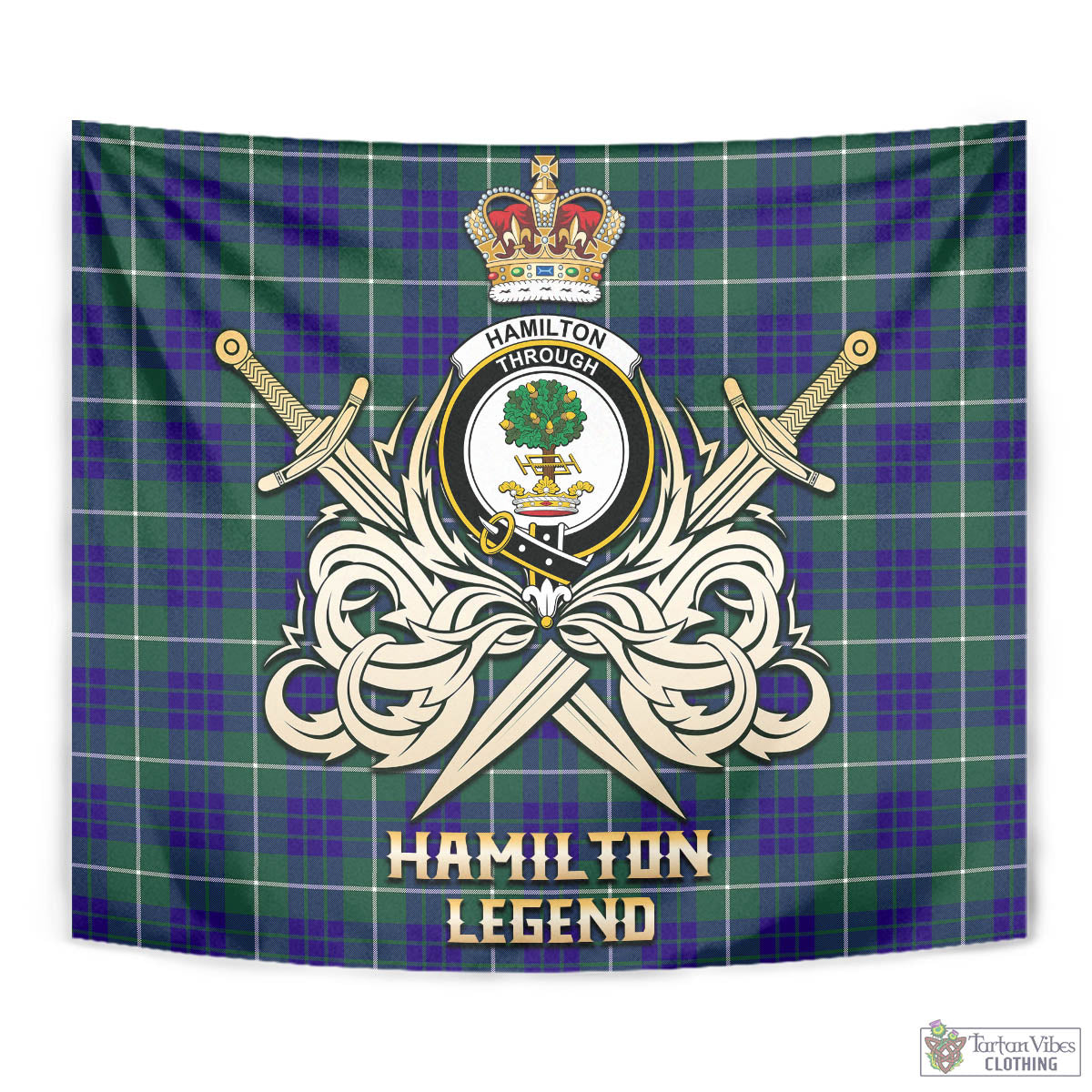 Tartan Vibes Clothing Hamilton Hunting Modern Tartan Tapestry with Clan Crest and the Golden Sword of Courageous Legacy