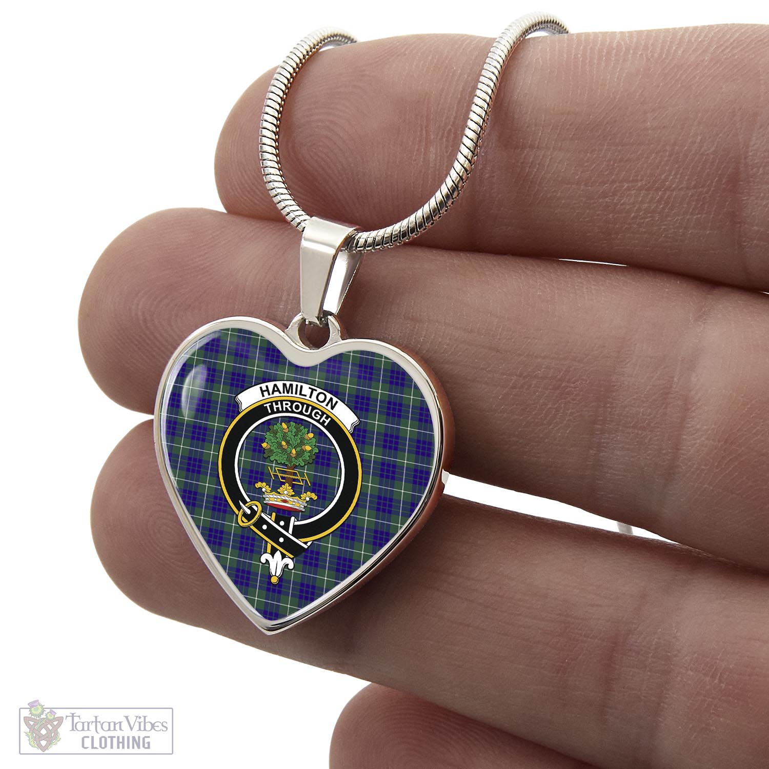 Tartan Vibes Clothing Hamilton Hunting Modern Tartan Heart Necklace with Family Crest