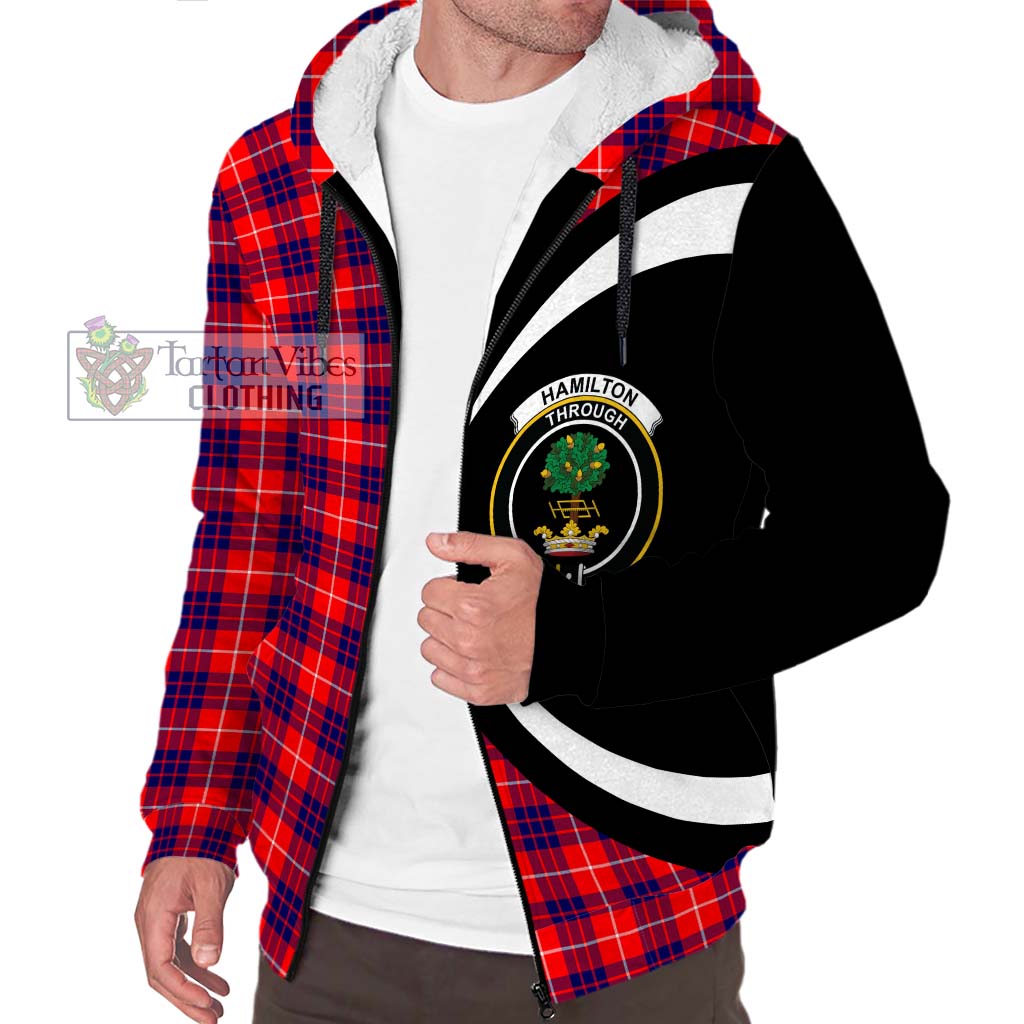 Hamilton Modern Tartan Sherpa Hoodie with Family Crest Circle Style Unisex S - Tartan Vibes Clothing