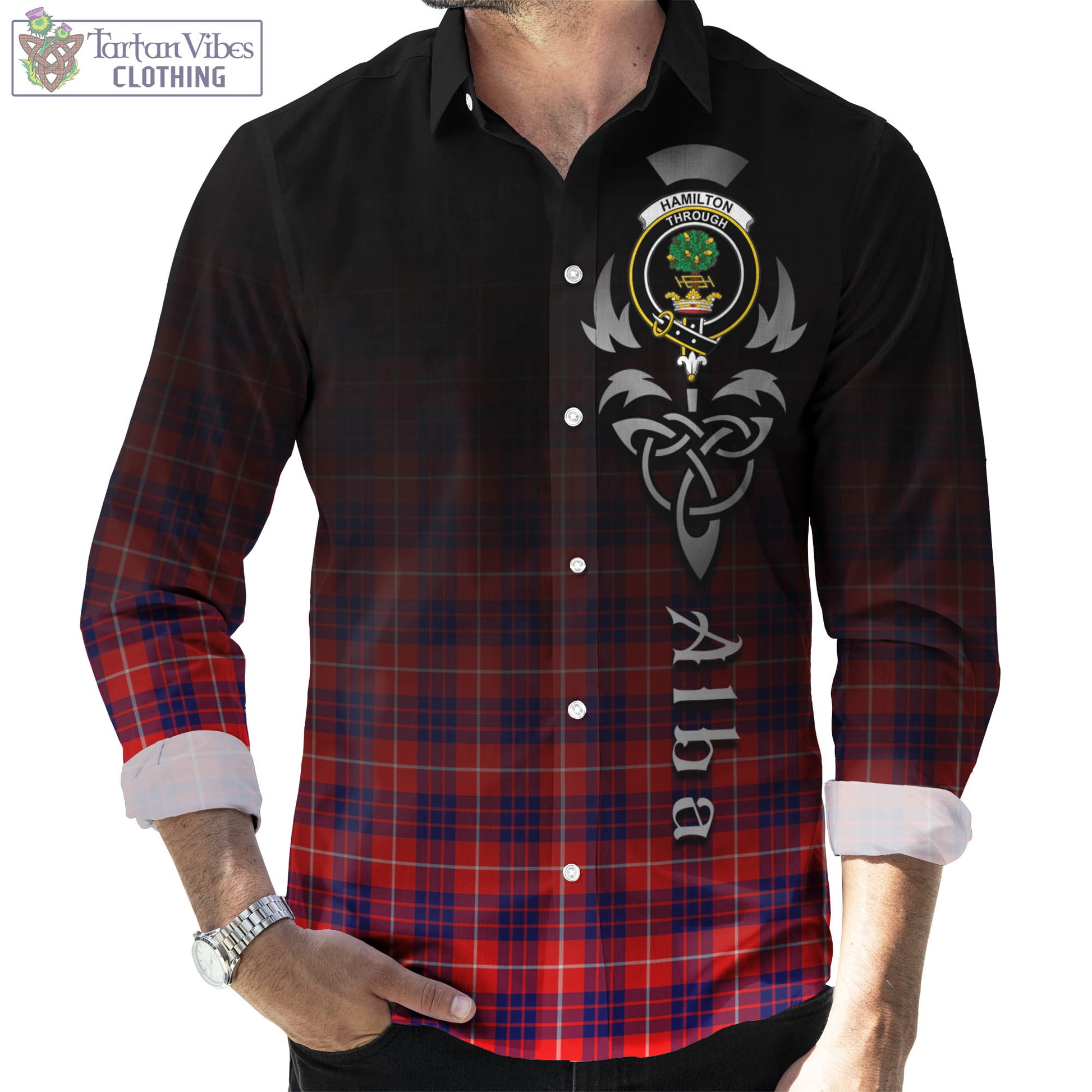 Tartan Vibes Clothing Hamilton Modern Tartan Long Sleeve Button Up Featuring Alba Gu Brath Family Crest Celtic Inspired