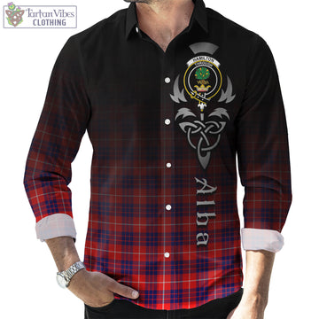 Hamilton Modern Tartan Long Sleeve Button Up Featuring Alba Gu Brath Family Crest Celtic Inspired