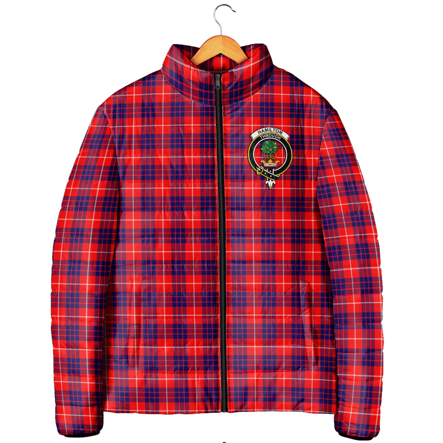 Hamilton Modern Tartan Padded Jacket with Family Crest - Tartanvibesclothing