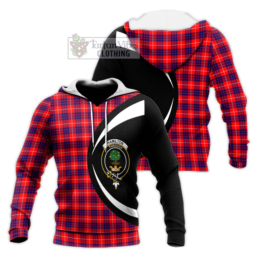 Hamilton Modern Tartan Knitted Hoodie with Family Crest Circle Style Unisex Knitted Pullover Hoodie - Tartan Vibes Clothing