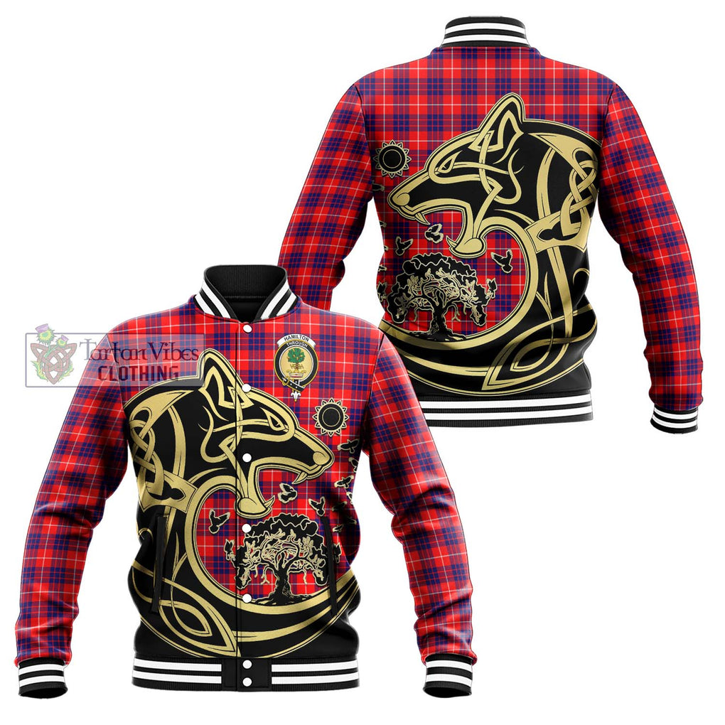 Hamilton Modern Tartan Baseball Jacket with Family Crest Celtic Wolf Style Unisex - Tartan Vibes Clothing