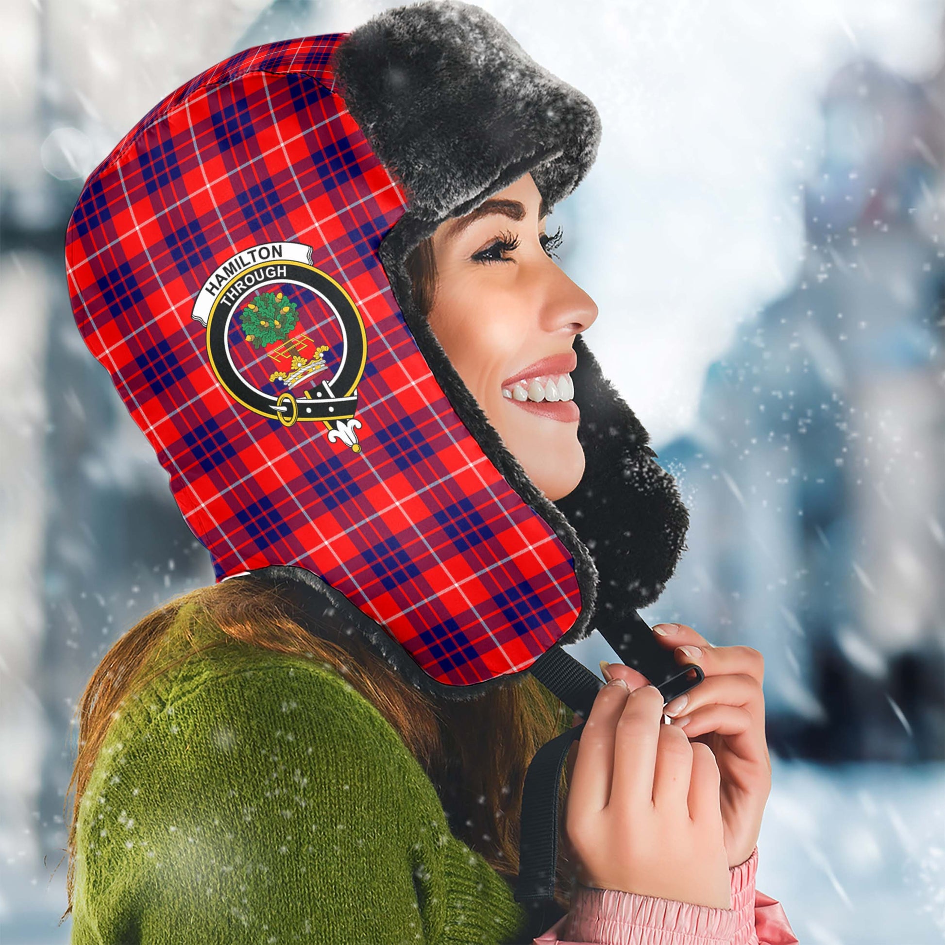 Hamilton Modern Tartan Winter Trapper Hat with Family Crest Winter Trapper Hat Universal Fit Circumference 22.8in (58cm) - Tartanvibesclothing