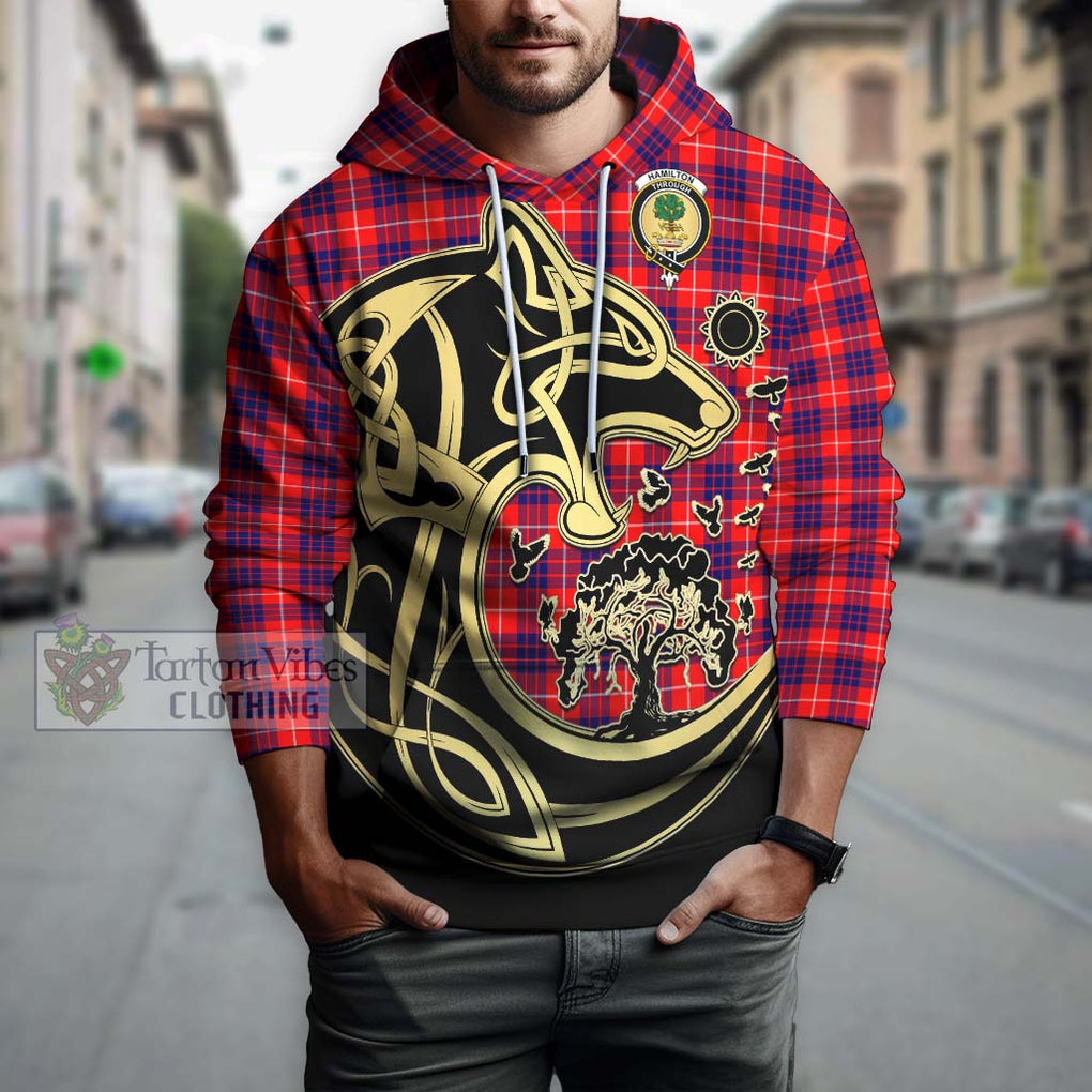 Hamilton Modern Tartan Hoodie with Family Crest Celtic Wolf Style Zip Hoodie - Tartan Vibes Clothing