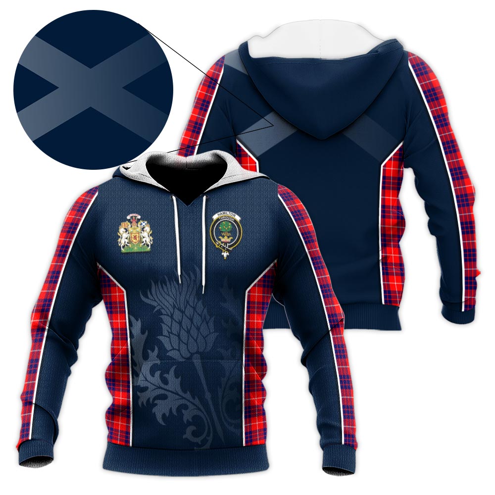 Tartan Vibes Clothing Hamilton Modern Tartan Knitted Hoodie with Family Crest and Scottish Thistle Vibes Sport Style