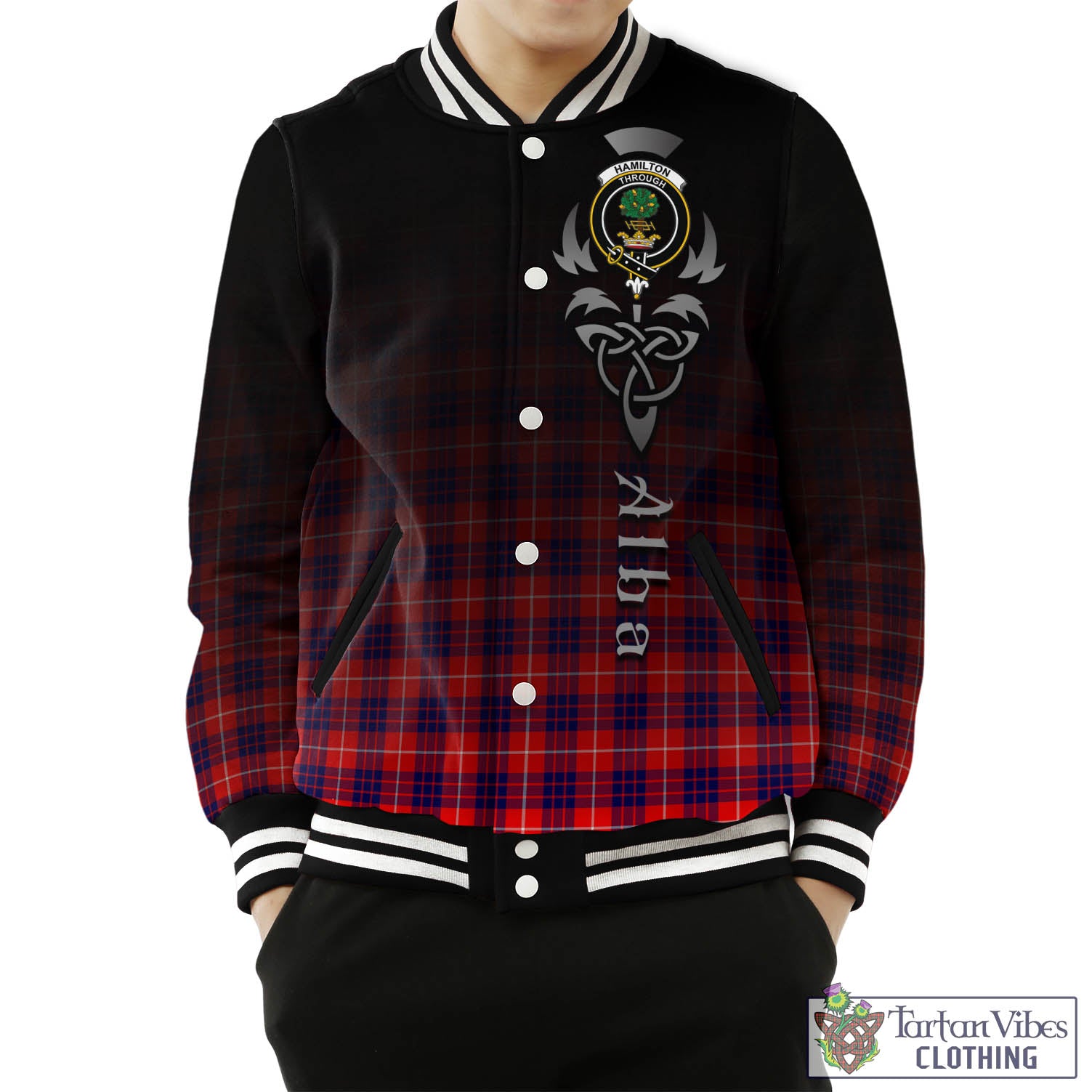 Tartan Vibes Clothing Hamilton Modern Tartan Baseball Jacket Featuring Alba Gu Brath Family Crest Celtic Inspired