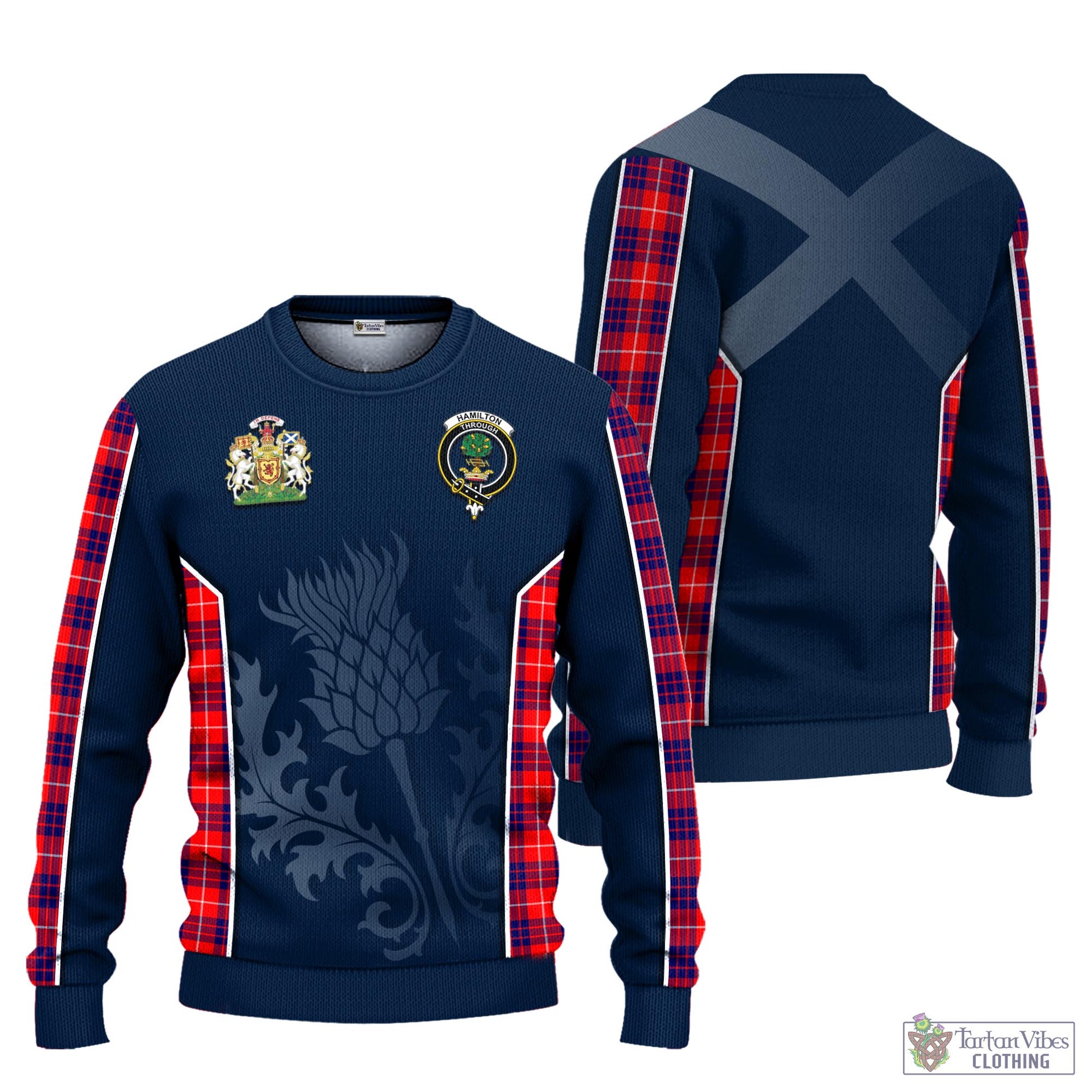 Tartan Vibes Clothing Hamilton Modern Tartan Knitted Sweatshirt with Family Crest and Scottish Thistle Vibes Sport Style