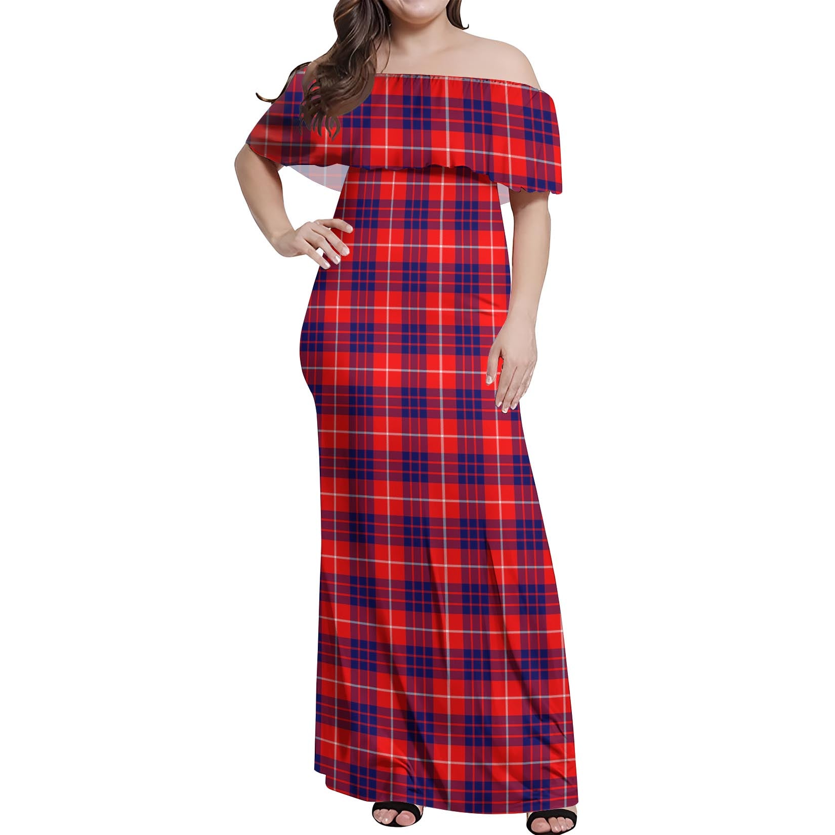 Hamilton Modern Tartan Off Shoulder Long Dress Women's Dress - Tartanvibesclothing