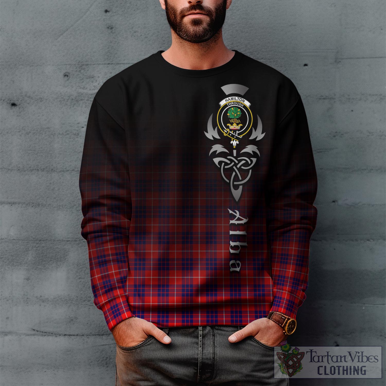 Tartan Vibes Clothing Hamilton Modern Tartan Sweatshirt Featuring Alba Gu Brath Family Crest Celtic Inspired