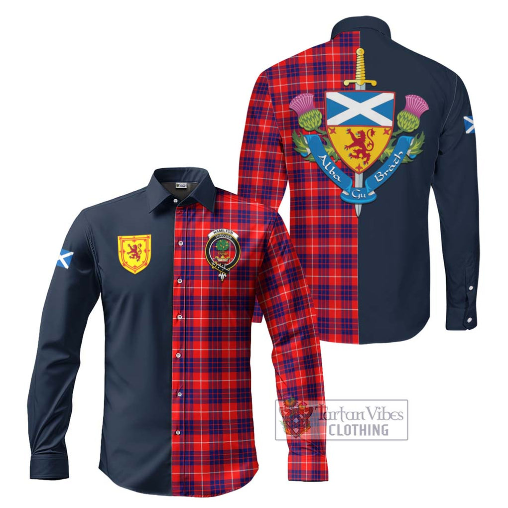 Tartan Vibes Clothing Hamilton Modern Tartan Long Sleeve Button Shirt with Scottish Lion Royal Arm Half Style