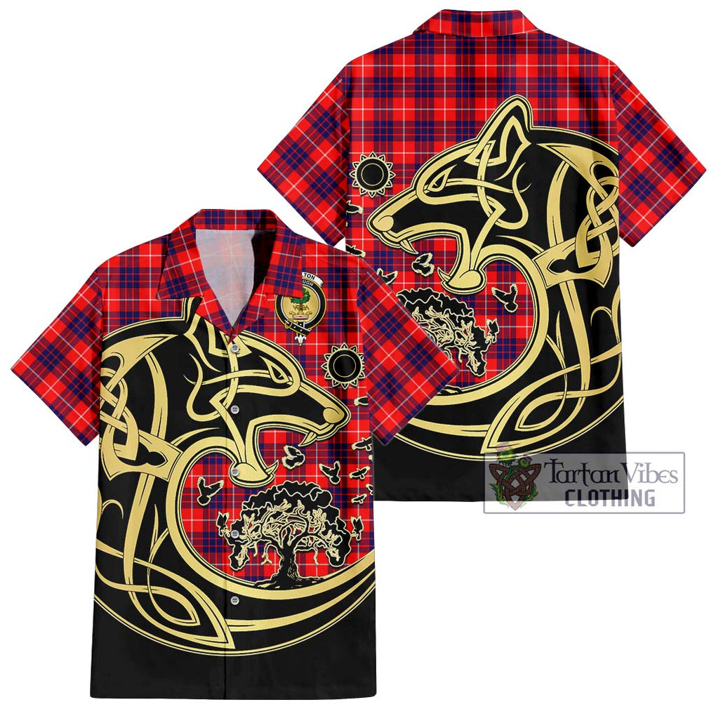 Hamilton Modern Tartan Short Sleeve Button Shirt with Family Crest Celtic Wolf Style Kid - Tartan Vibes Clothing