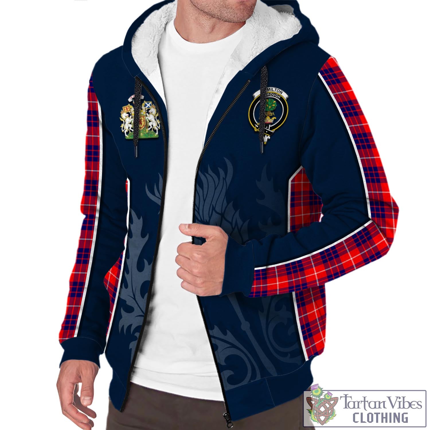 Tartan Vibes Clothing Hamilton Modern Tartan Sherpa Hoodie with Family Crest and Scottish Thistle Vibes Sport Style