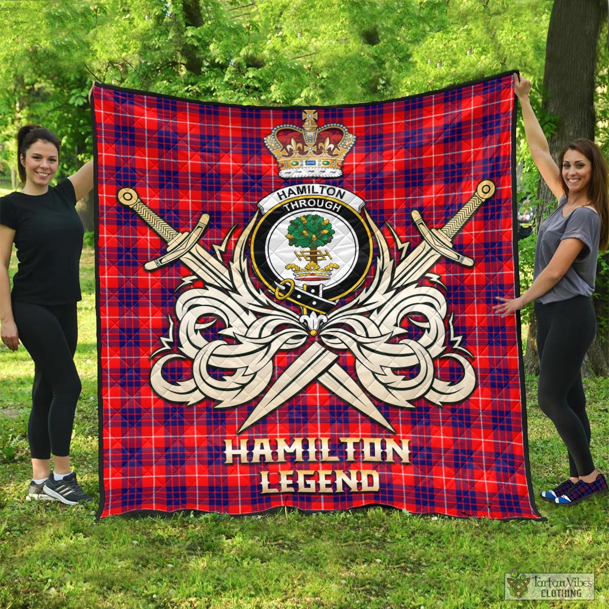 Tartan Vibes Clothing Hamilton Modern Tartan Quilt with Clan Crest and the Golden Sword of Courageous Legacy