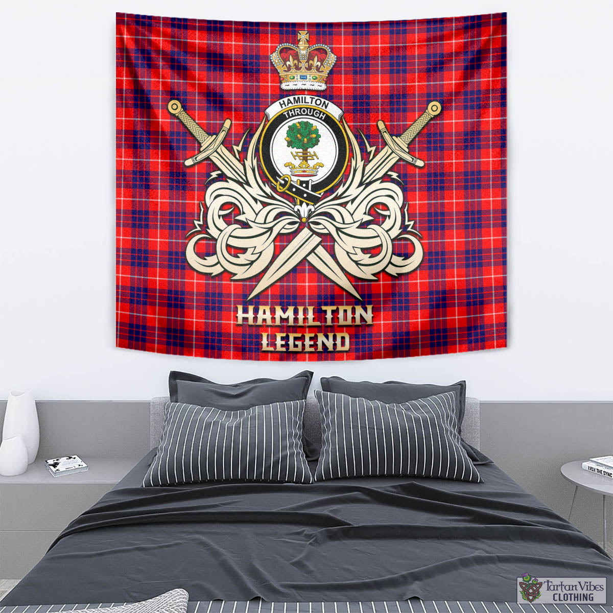 Tartan Vibes Clothing Hamilton Modern Tartan Tapestry with Clan Crest and the Golden Sword of Courageous Legacy