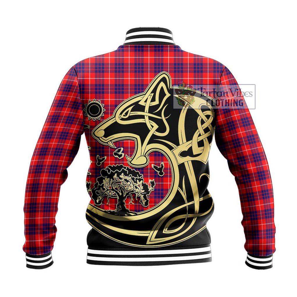 Hamilton Modern Tartan Baseball Jacket with Family Crest Celtic Wolf Style - Tartan Vibes Clothing