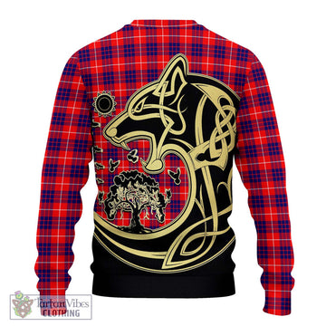 Hamilton Modern Tartan Ugly Sweater with Family Crest Celtic Wolf Style