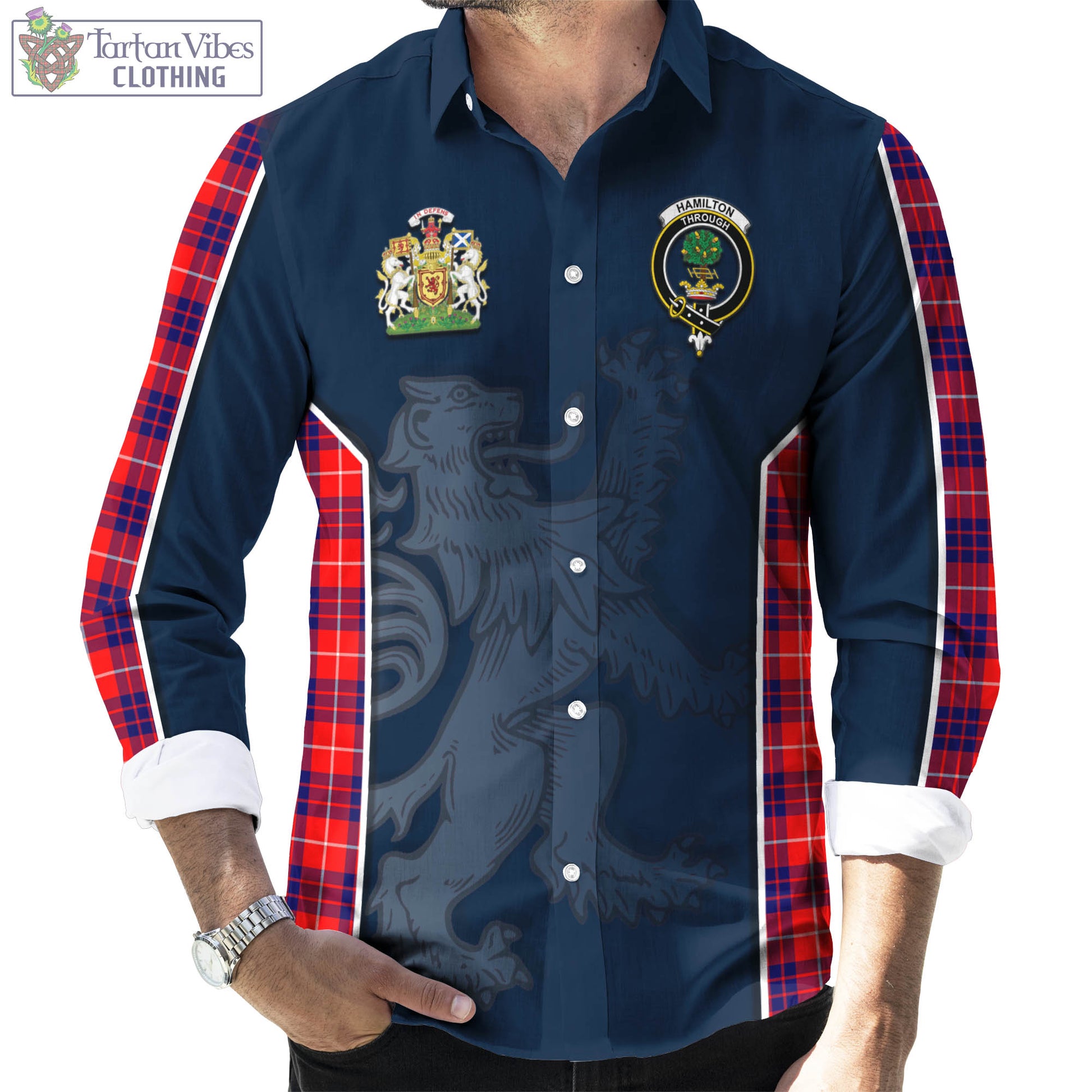 Tartan Vibes Clothing Hamilton Modern Tartan Long Sleeve Button Up Shirt with Family Crest and Lion Rampant Vibes Sport Style