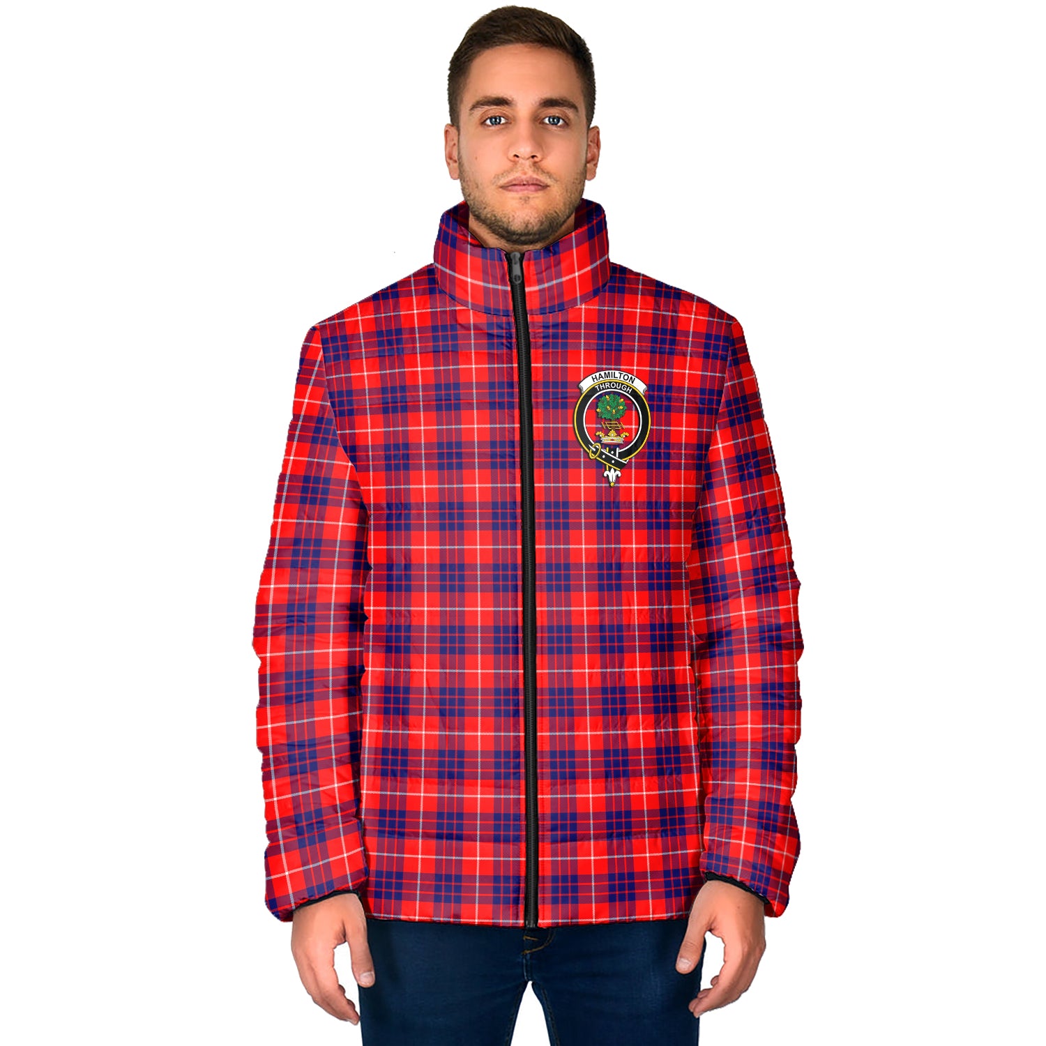 Hamilton Modern Tartan Padded Jacket with Family Crest - Tartan Vibes Clothing