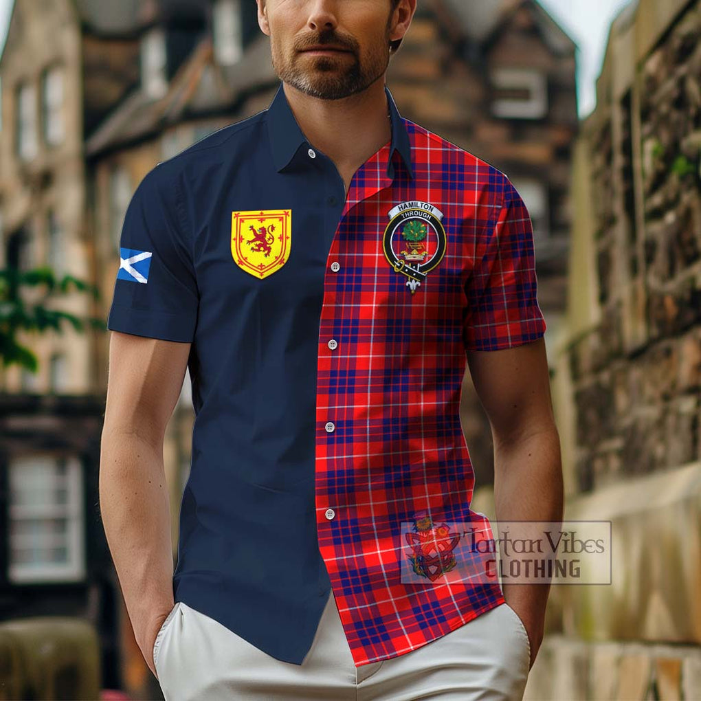 Tartan Vibes Clothing Hamilton Modern Tartan Short Sleeve Button Shirt with Scottish Lion Royal Arm Half Style