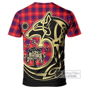 Hamilton Modern Tartan T-Shirt with Family Crest Celtic Wolf Style