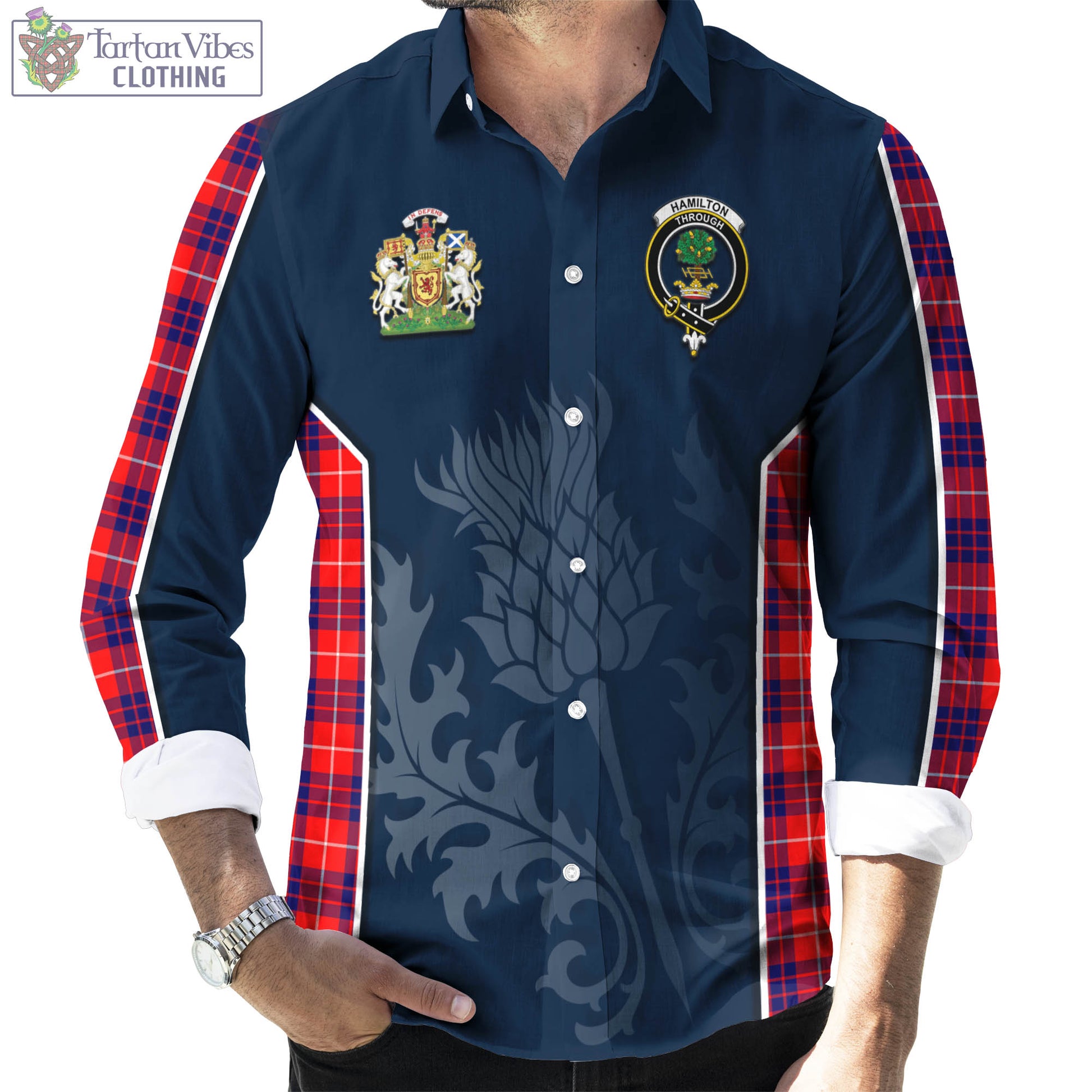 Tartan Vibes Clothing Hamilton Modern Tartan Long Sleeve Button Up Shirt with Family Crest and Scottish Thistle Vibes Sport Style