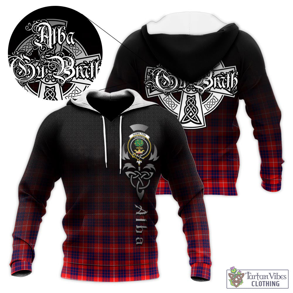 Tartan Vibes Clothing Hamilton Modern Tartan Knitted Hoodie Featuring Alba Gu Brath Family Crest Celtic Inspired