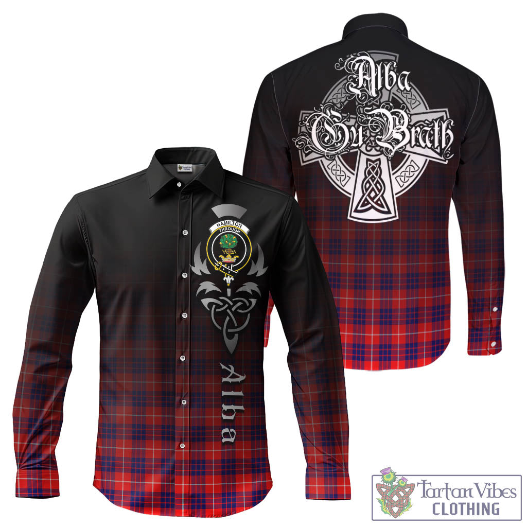 Tartan Vibes Clothing Hamilton Modern Tartan Long Sleeve Button Up Featuring Alba Gu Brath Family Crest Celtic Inspired