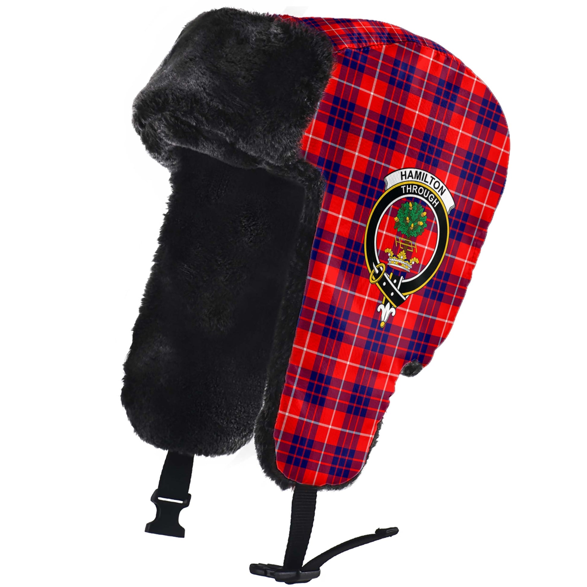 Hamilton Modern Tartan Winter Trapper Hat with Family Crest - Tartanvibesclothing