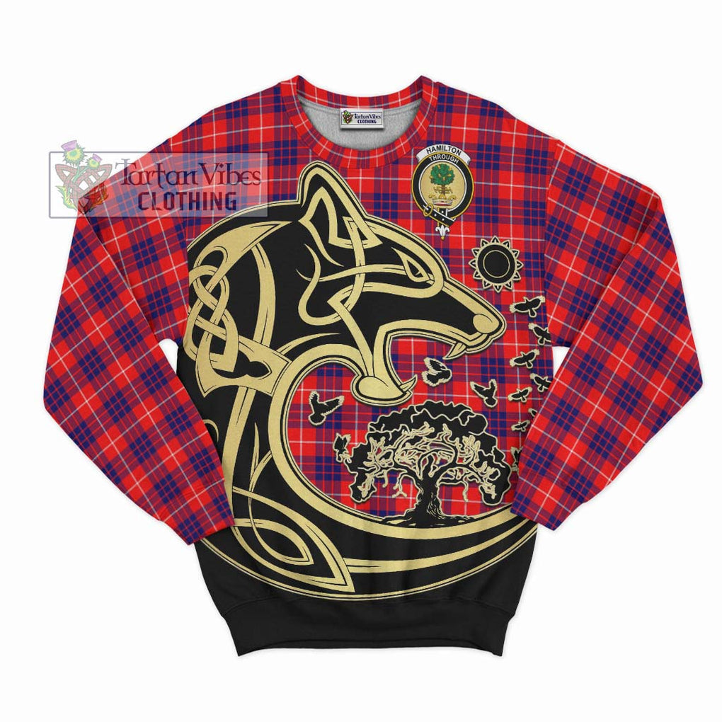 Hamilton Modern Tartan Sweatshirt with Family Crest Celtic Wolf Style - Tartan Vibes Clothing