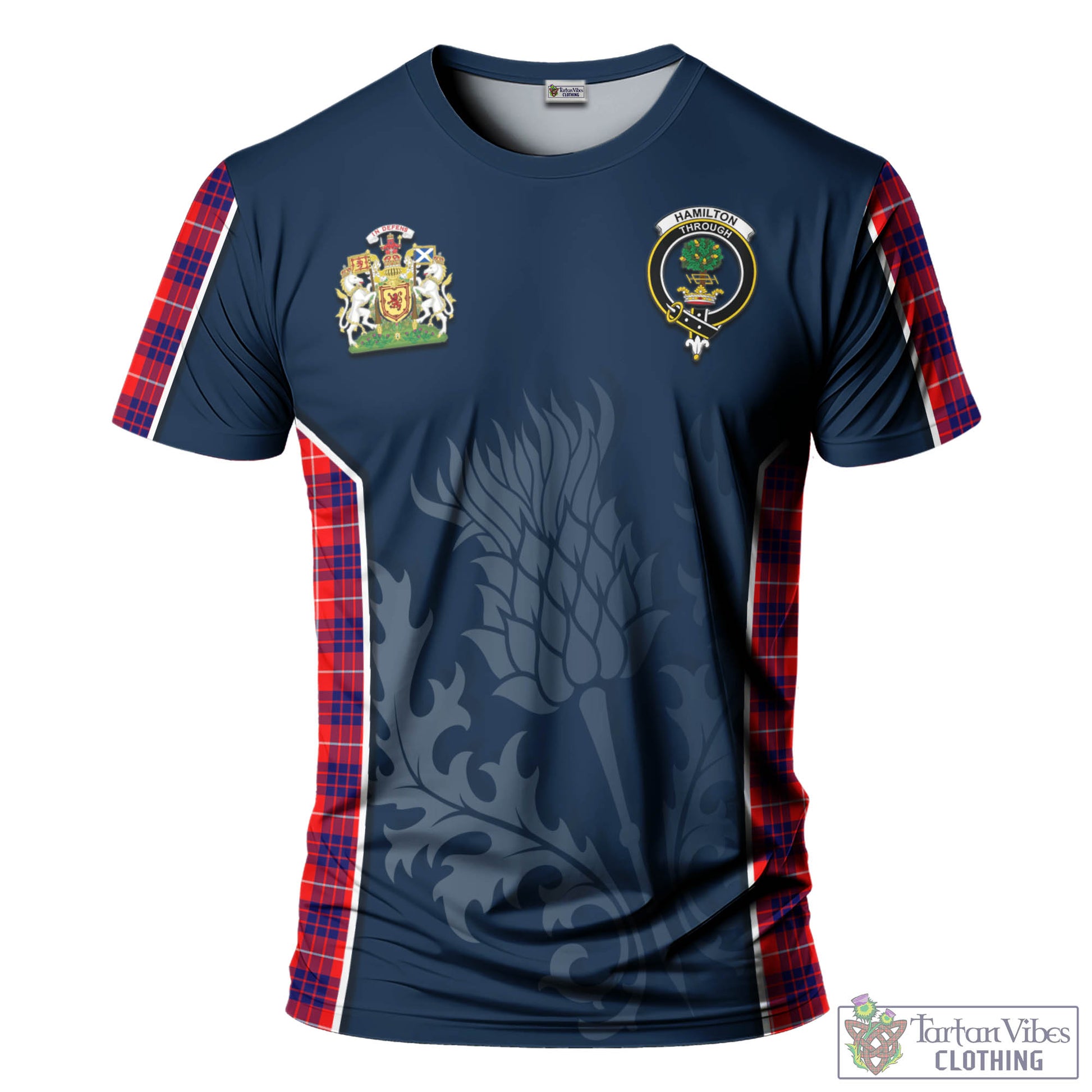 Tartan Vibes Clothing Hamilton Modern Tartan T-Shirt with Family Crest and Scottish Thistle Vibes Sport Style