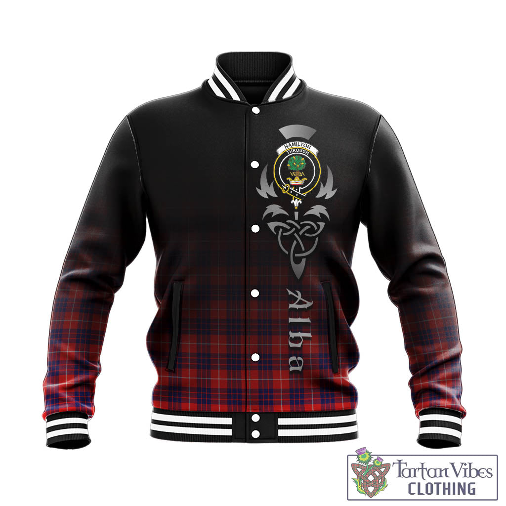 Tartan Vibes Clothing Hamilton Modern Tartan Baseball Jacket Featuring Alba Gu Brath Family Crest Celtic Inspired