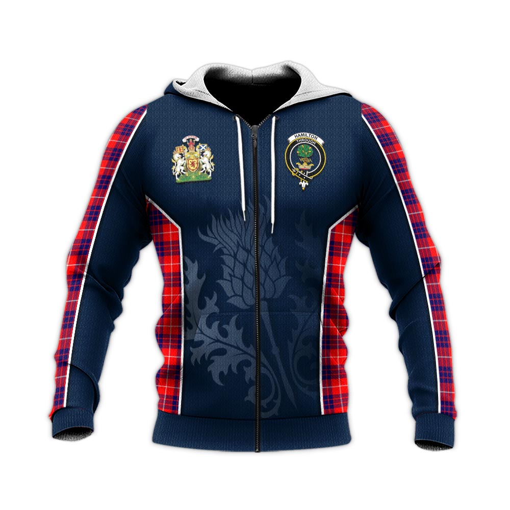 Tartan Vibes Clothing Hamilton Modern Tartan Knitted Hoodie with Family Crest and Scottish Thistle Vibes Sport Style