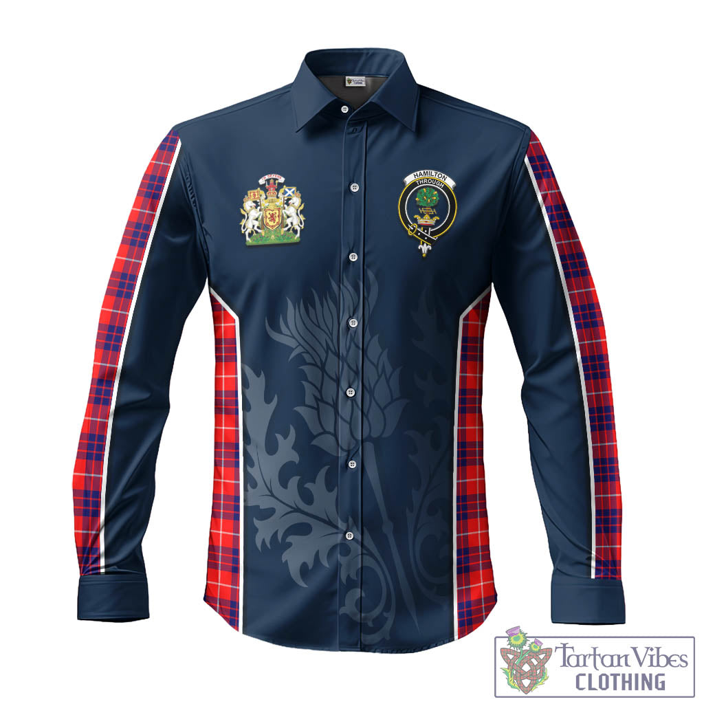 Tartan Vibes Clothing Hamilton Modern Tartan Long Sleeve Button Up Shirt with Family Crest and Scottish Thistle Vibes Sport Style