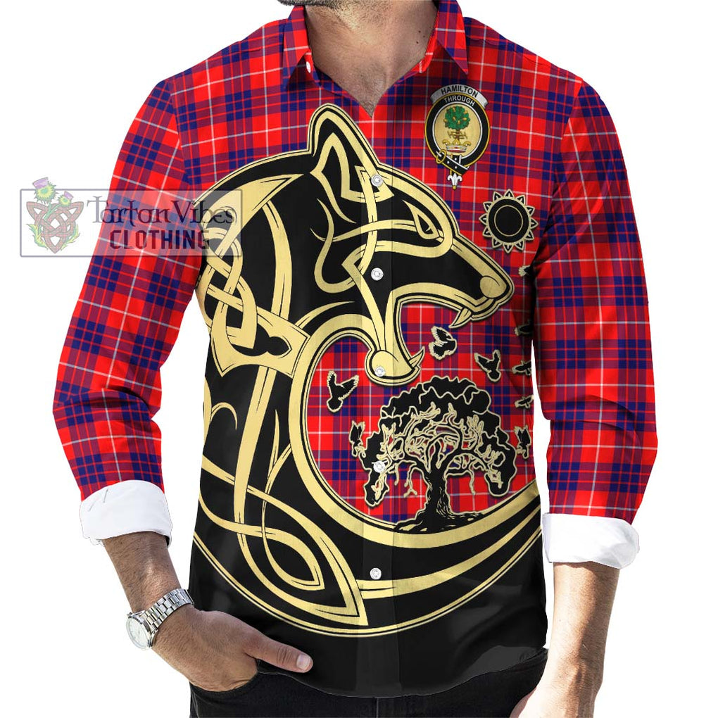 Hamilton Modern Tartan Long Sleeve Button Shirt with Family Crest Celtic Wolf Style - Tartan Vibes Clothing