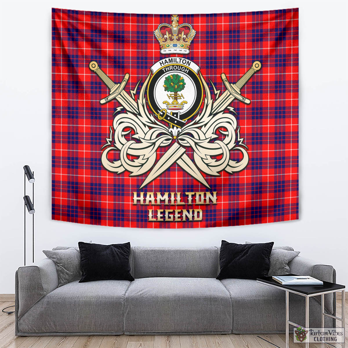 Tartan Vibes Clothing Hamilton Modern Tartan Tapestry with Clan Crest and the Golden Sword of Courageous Legacy