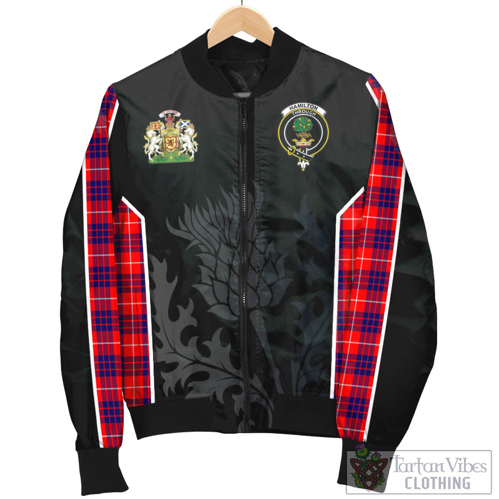 Tartan Vibes Clothing Hamilton Modern Tartan Bomber Jacket with Family Crest and Scottish Thistle Vibes Sport Style