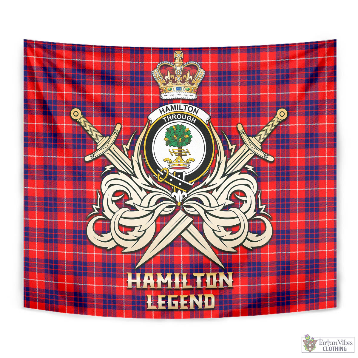 Tartan Vibes Clothing Hamilton Modern Tartan Tapestry with Clan Crest and the Golden Sword of Courageous Legacy