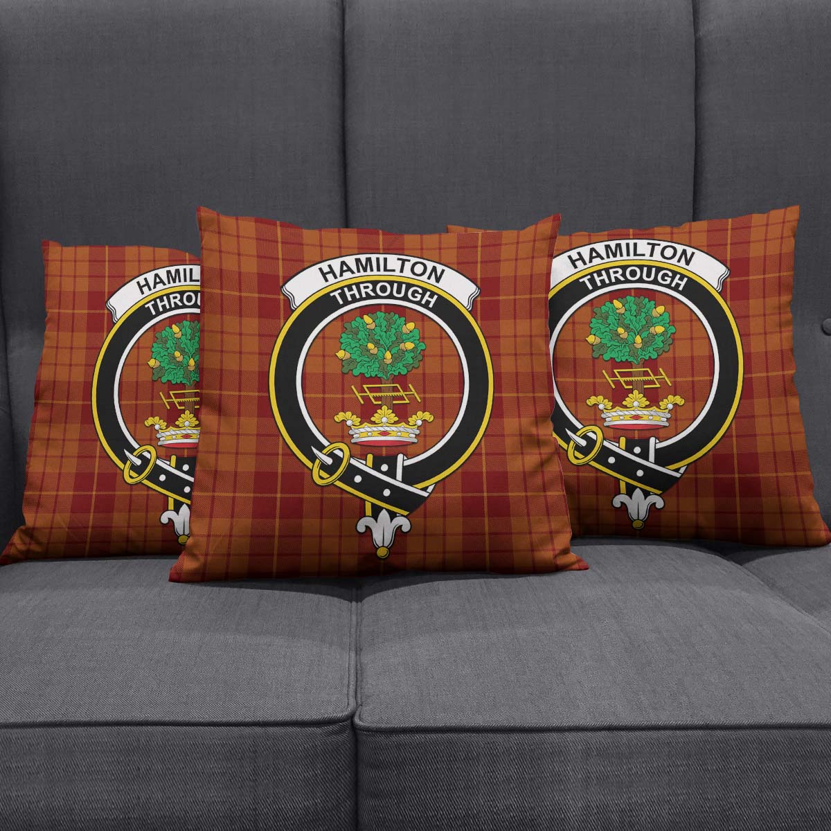 Hamilton Red Tartan Pillow Cover with Family Crest Square Pillow Cover - Tartanvibesclothing