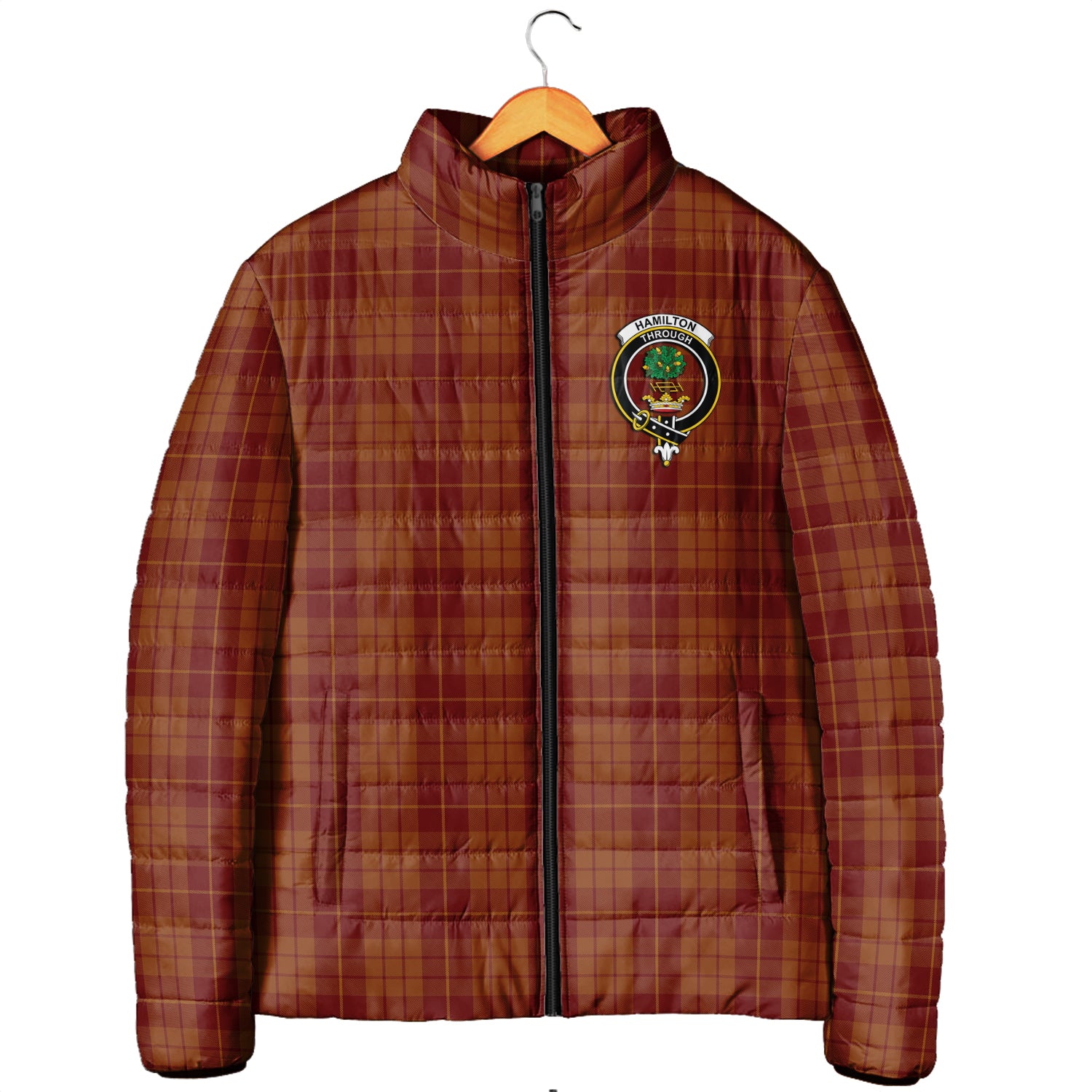 Hamilton Red Tartan Padded Jacket with Family Crest Men's Padded Jacket - Tartan Vibes Clothing