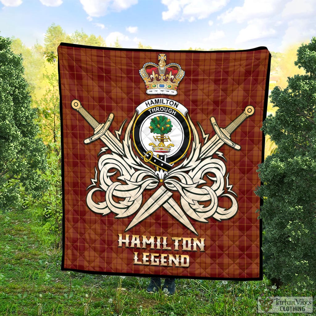 Tartan Vibes Clothing Hamilton Red Tartan Quilt with Clan Crest and the Golden Sword of Courageous Legacy