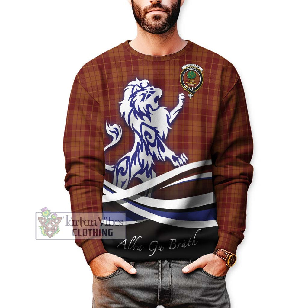 Hamilton Red Tartan Sweatshirt with Alba Gu Brath Regal Lion Emblem Unisex - Tartanvibesclothing Shop