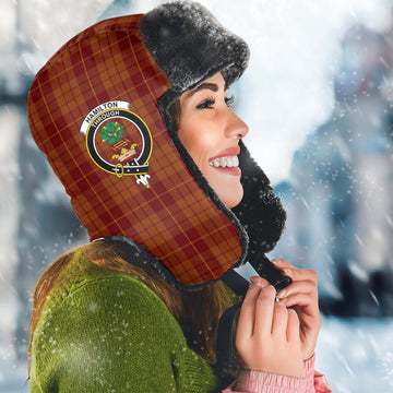 Hamilton Red Tartan Winter Trapper Hat with Family Crest