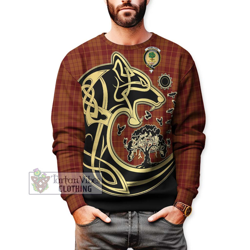 Hamilton Red Tartan Sweatshirt with Family Crest Celtic Wolf Style Unisex - Tartan Vibes Clothing