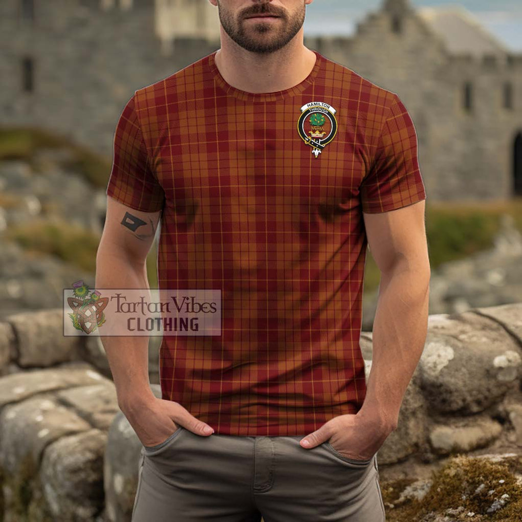 Hamilton Red Tartan Cotton T-Shirt with Family Crest Men's Shirt - Tartanvibesclothing Shop