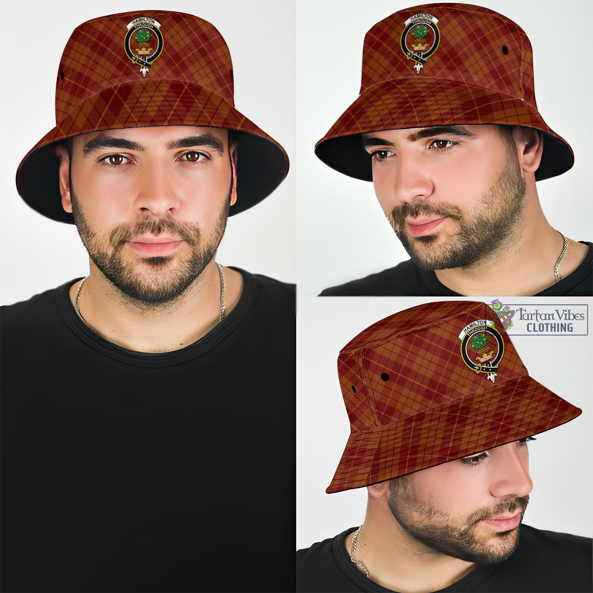 Tartan Vibes Clothing Hamilton Red Tartan Bucket Hat with Family Crest