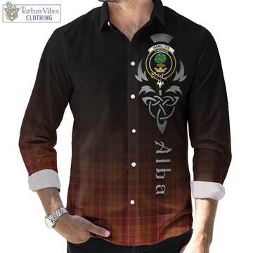 Hamilton Red Tartan Long Sleeve Button Up Featuring Alba Gu Brath Family Crest Celtic Inspired