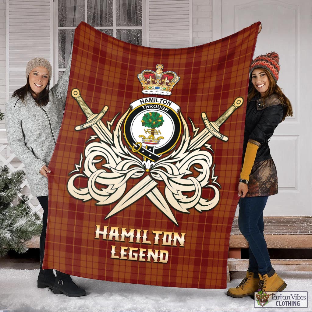 Tartan Vibes Clothing Hamilton Red Tartan Blanket with Clan Crest and the Golden Sword of Courageous Legacy