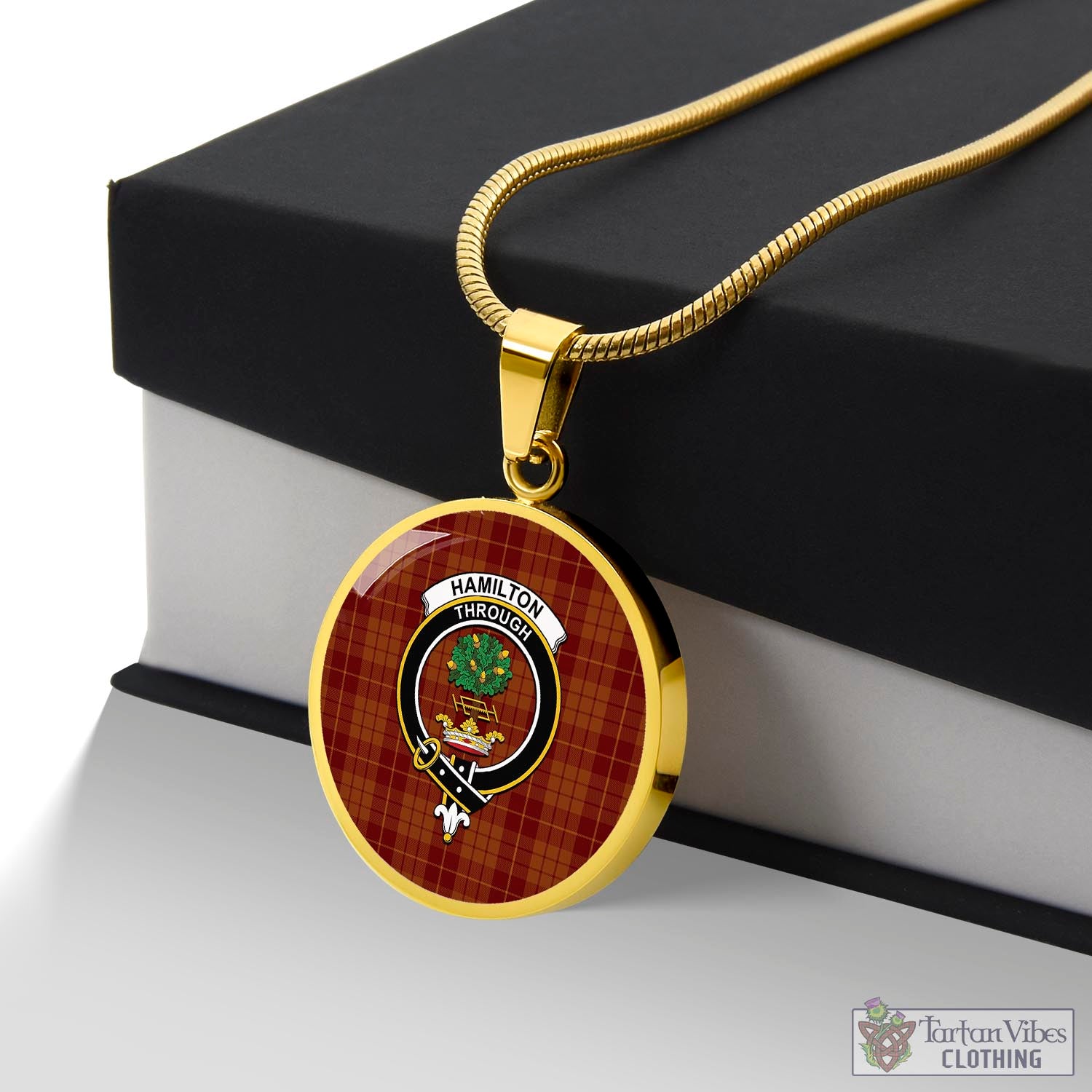 Tartan Vibes Clothing Hamilton Red Tartan Circle Necklace with Family Crest